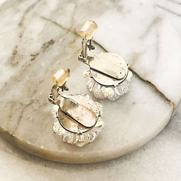 Vintage Signed Hobe Earrings AB Crystal Faceted Beads Clip On Silver Toned - Picture 6 of 8